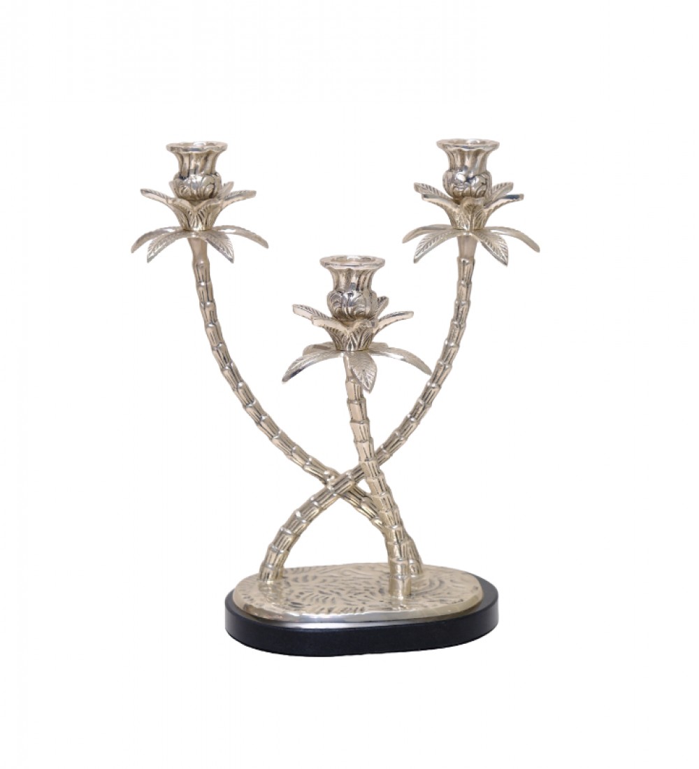 PALMİYE ŞEKİLLİ GÜMÜŞ RENK 3'LÜ ŞAMDAN  1TR-18259S