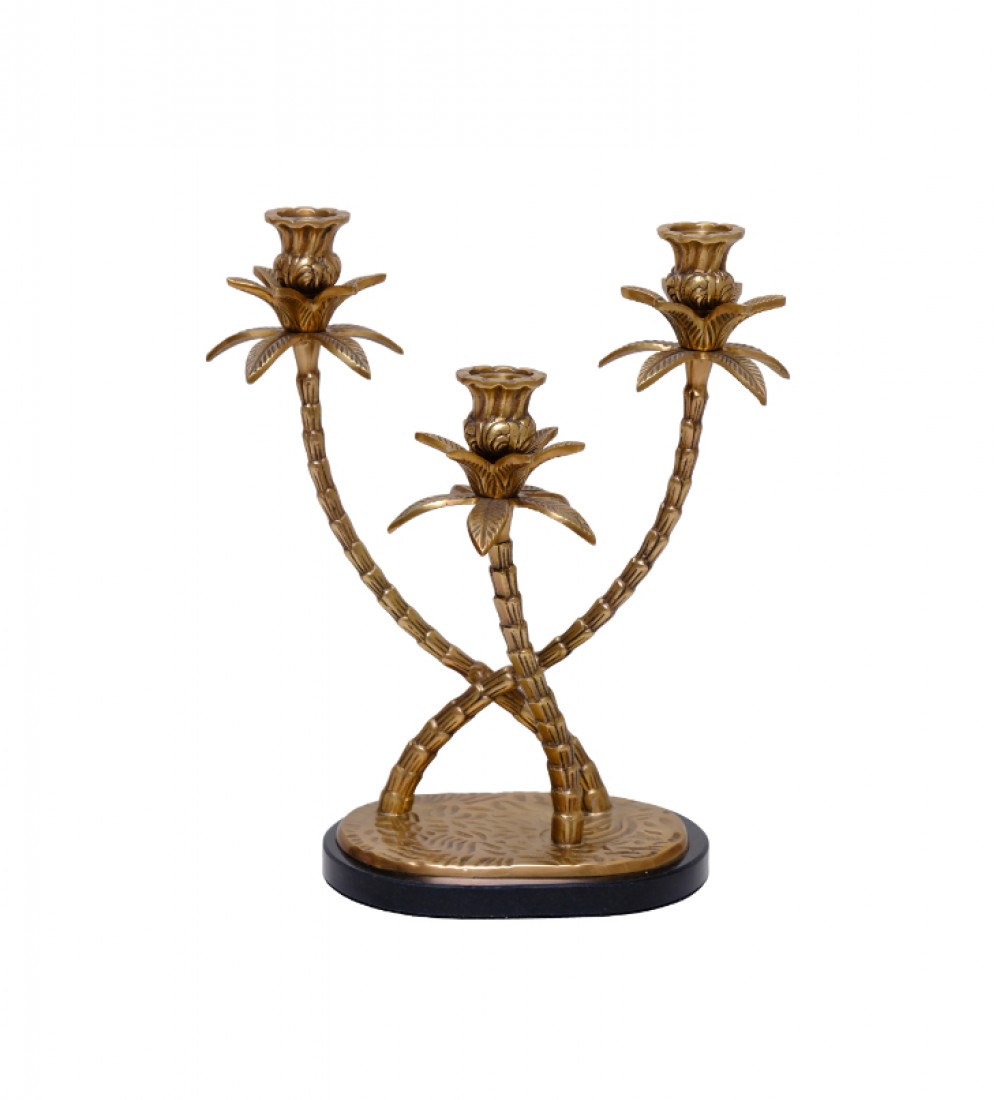 PALMİYE ŞEKİLLİ ALTIN RENK 3LÜ ŞAMDAN 1TR-18259B