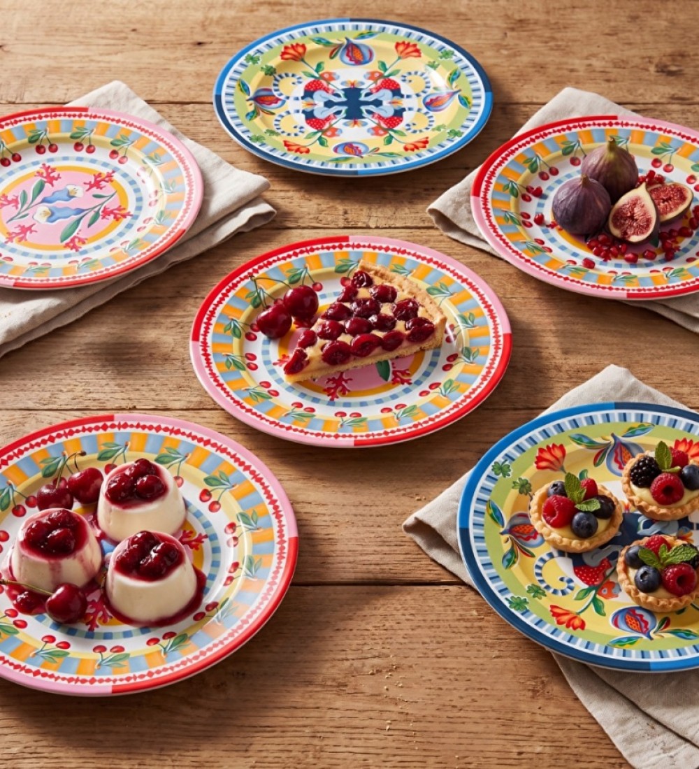 Baci Milano Dolce Far Niente Mavi ve Pembe Renkli Karışık 6 Parça Melamin Pasta Tabağı 21 cm