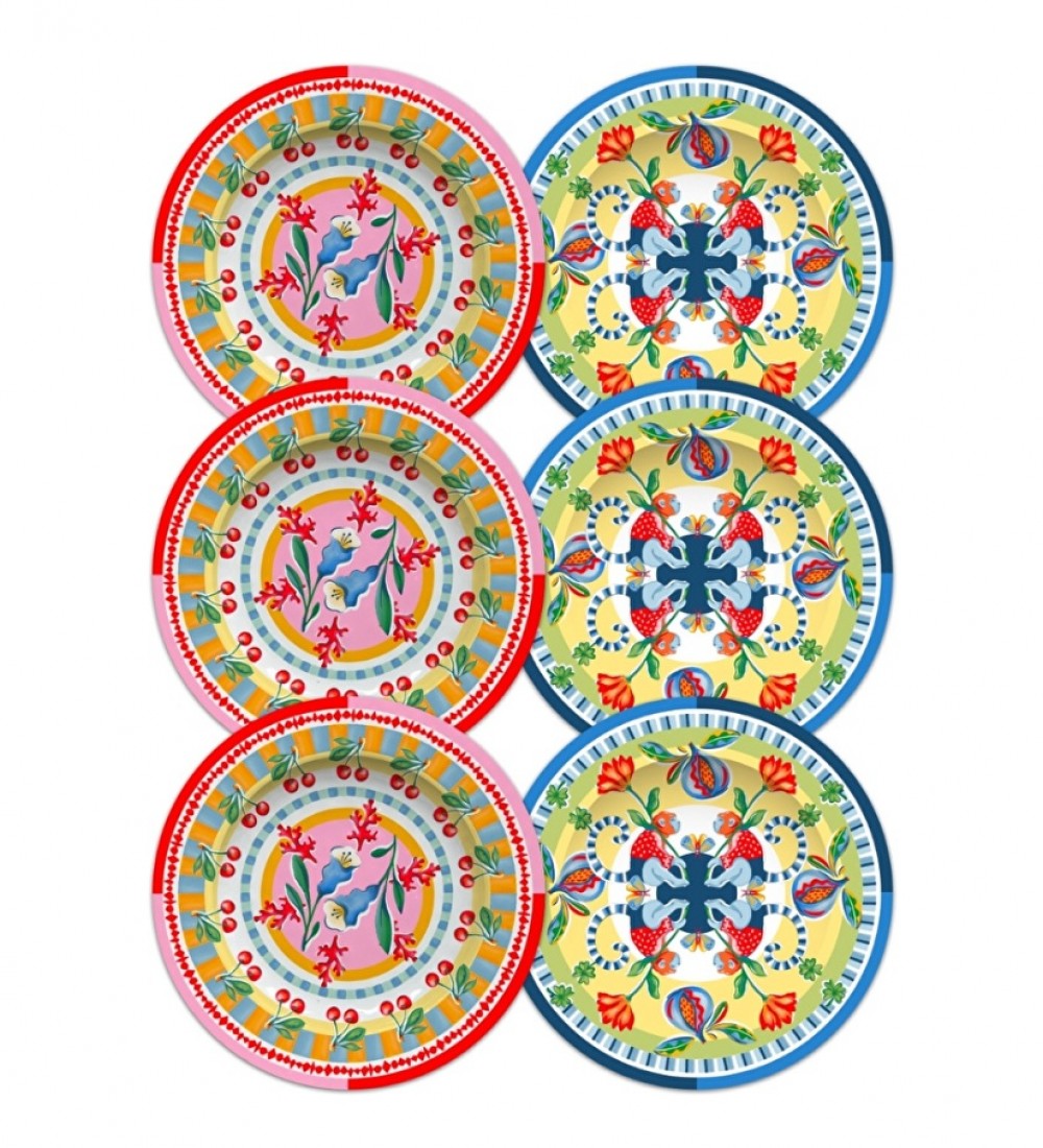 Baci Milano Dolce Far Niente Mavi ve Pembe Renkli Karışık 6 Parça Melamin Pasta Tabağı 21 cm