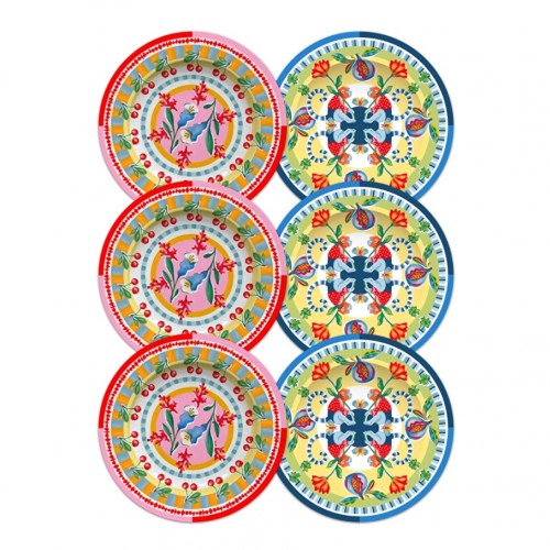 Baci Milano Dolce Far Niente Mavi ve Pembe Renkli Karışık 6 Parça Melamin Pasta Tabağı 21 cm