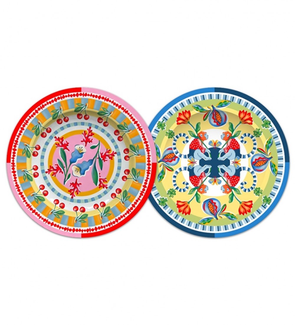 Baci Milano Dolce Far Niente Mavi ve Pembe Renkli Karışık 6 Parça Melamin Pasta Tabağı 21 cm