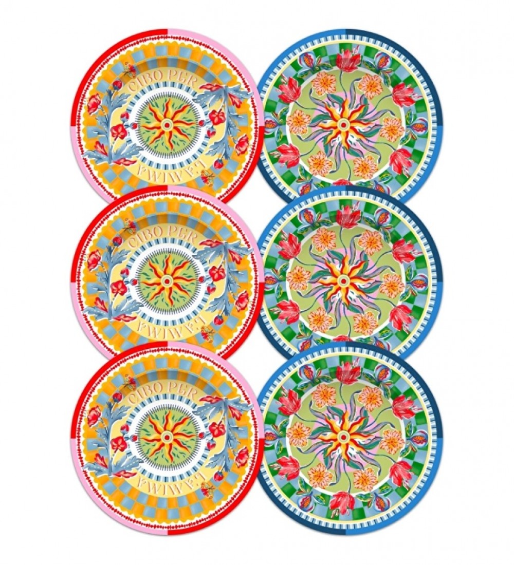 Baci Milano Dolce Far Niente Mavi ve Pembe Renkli Karışık 6 Parça Melamin Servis Tabağı 28 cm
