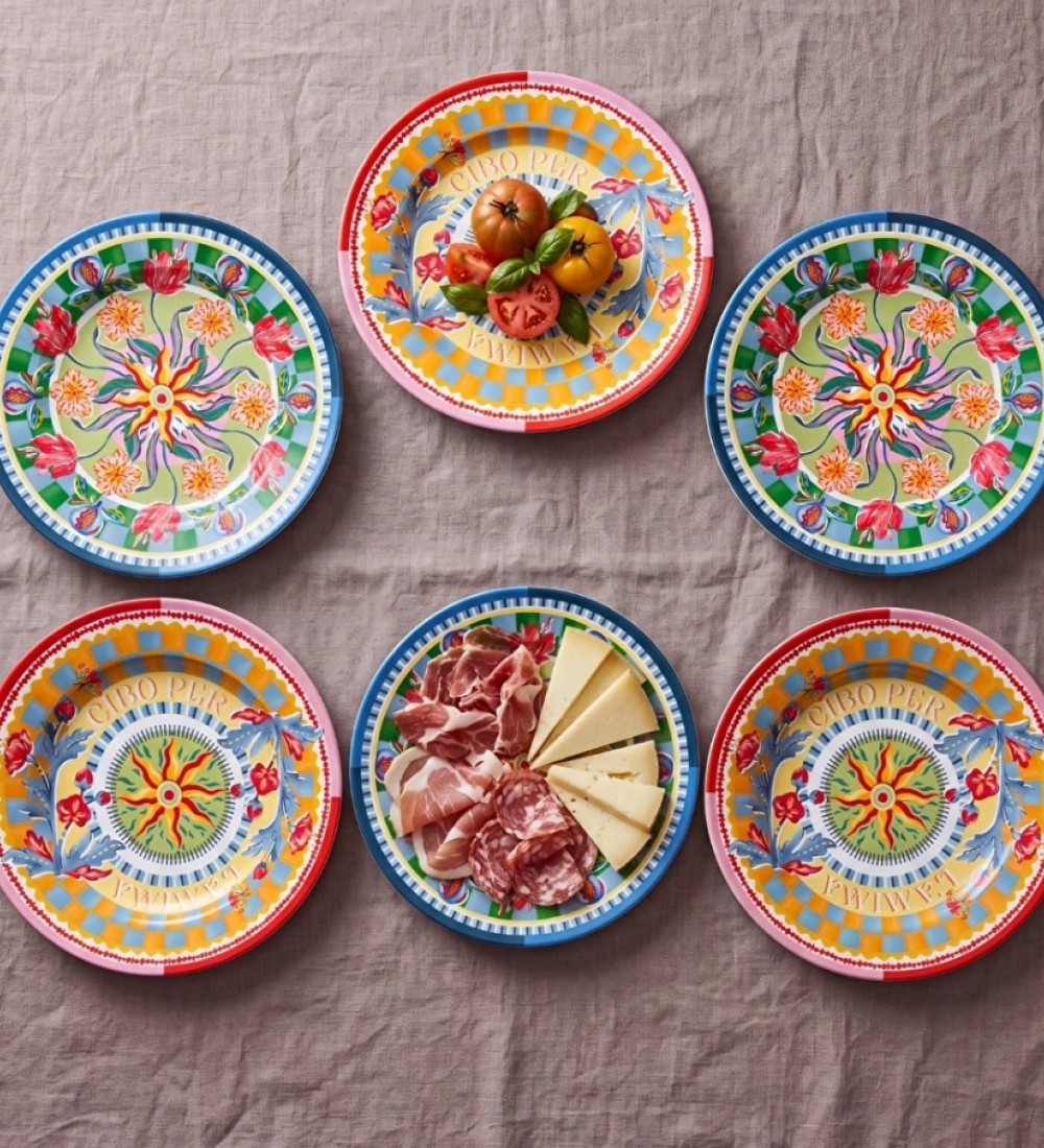 Baci Milano Dolce Far Niente Mavi ve Pembe Renkli Karışık 6 Parça Melamin Servis Tabağı 28 cm