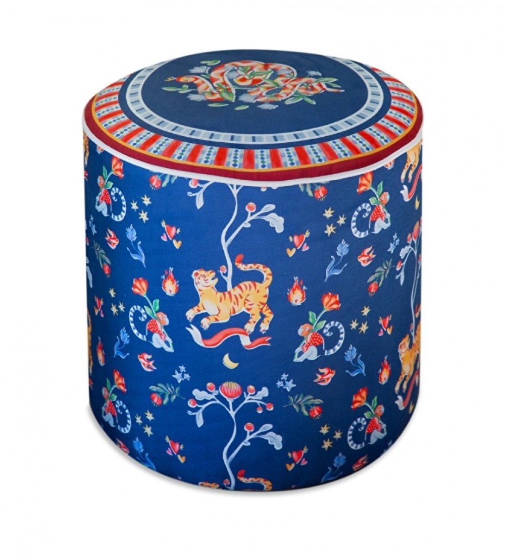 Baci Milano Dolce Far Niente Desenli Mavi Kadife Dokulu Puf Ø 45 cm; H 45 cm