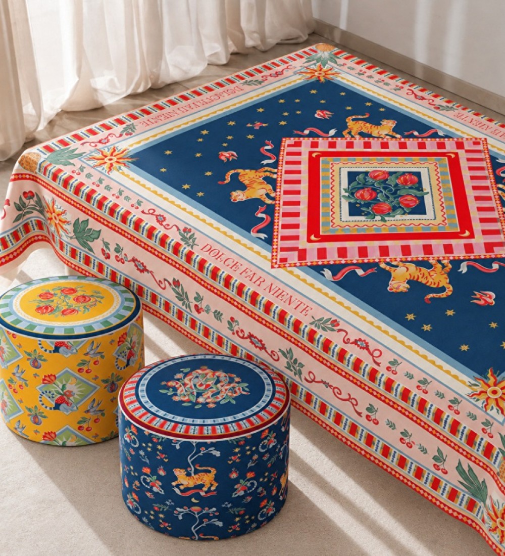 Baci Milano Dolce Far Niente Desenli Mavi Kadife Dokulu Puf Ø 45 cm; H 45 cm