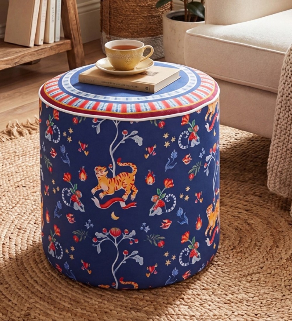 Baci Milano Dolce Far Niente Desenli Mavi Kadife Dokulu Puf Ø 45 cm; H 45 cm