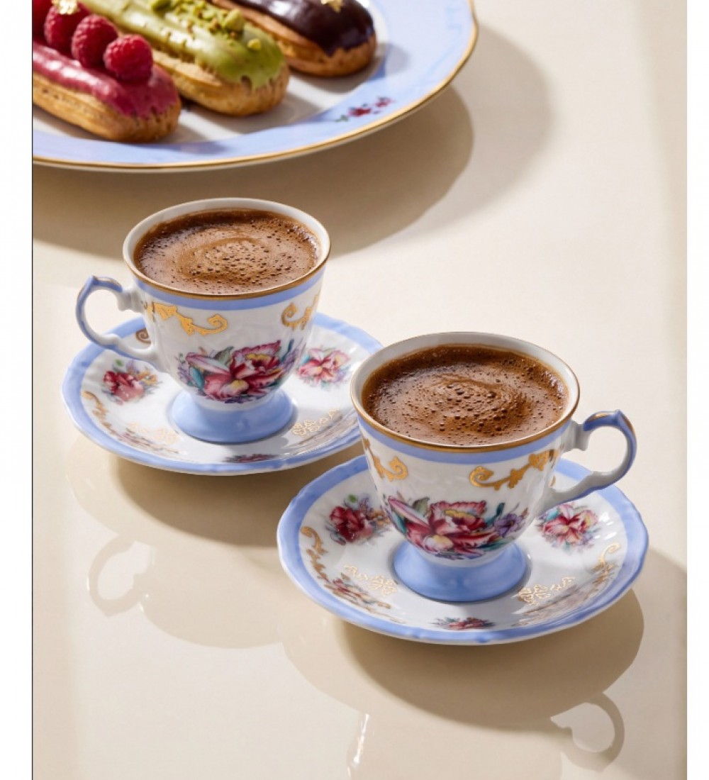 Chiara Alessi Altın Dekorlu Çiçekli Mavi Porselen Kahve Fincan Seti 100 Ml CAP1F600ECBL2