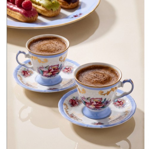 Chiara Alessi Altın Dekorlu Çiçekli Mavi Porselen Kahve Fincan Seti 100 Ml CAP1F600ECBL2
