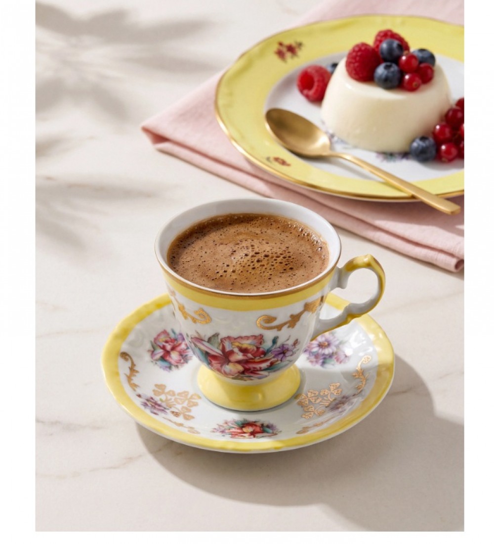 Chiara Alessi Altın Dekorlu Çiçekli Sarı Porselen Kahve Fincan Seti 100 Ml CAP1F600ECYL2