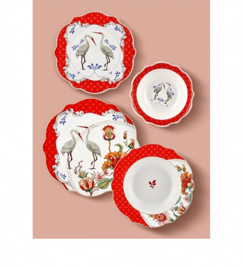 CHIARA ALESSİ ALLURE KIRMIZI LEYLEK DESENLİ 24 PARÇA PORSELEN YEMEK TAKIMI CAPAL1RD24