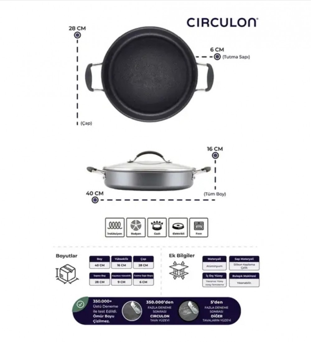 Circulon Cam Kapaklı Sığ Tencere 28 CM