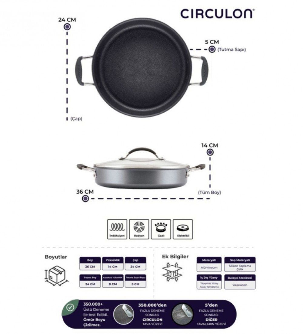 CIRCULON, 24CM CAM KAPAKLI SIĞ TENCERE D-MYR224L