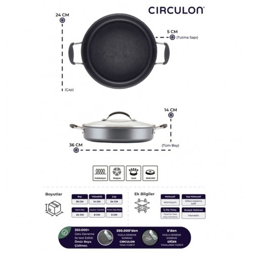 CIRCULON, 24CM CAM KAPAKLI SIĞ TENCERE D-MYR224L 