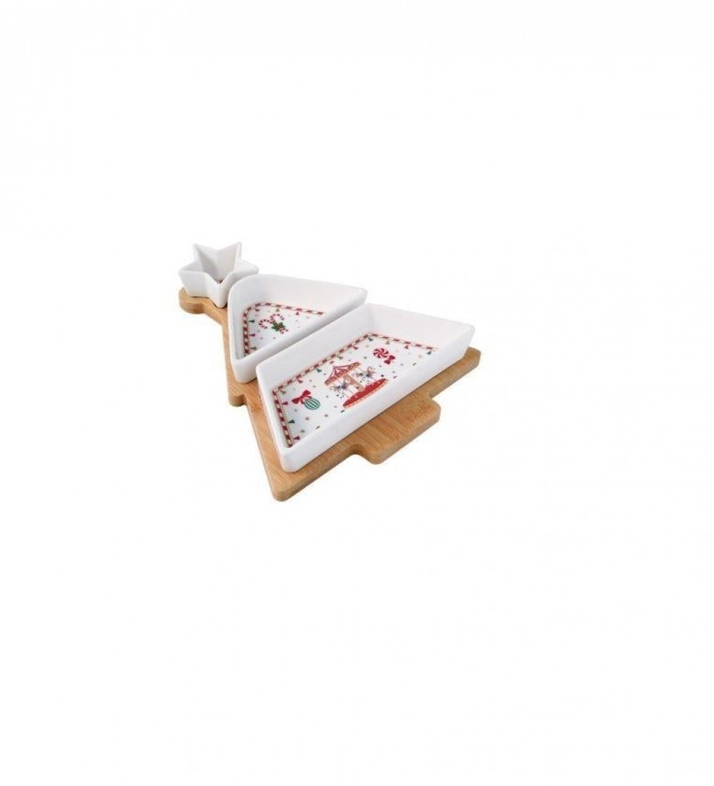 Easy Life 3 Parça Porselen Meze Seti Bambu Tepsili 21 x 25 cm