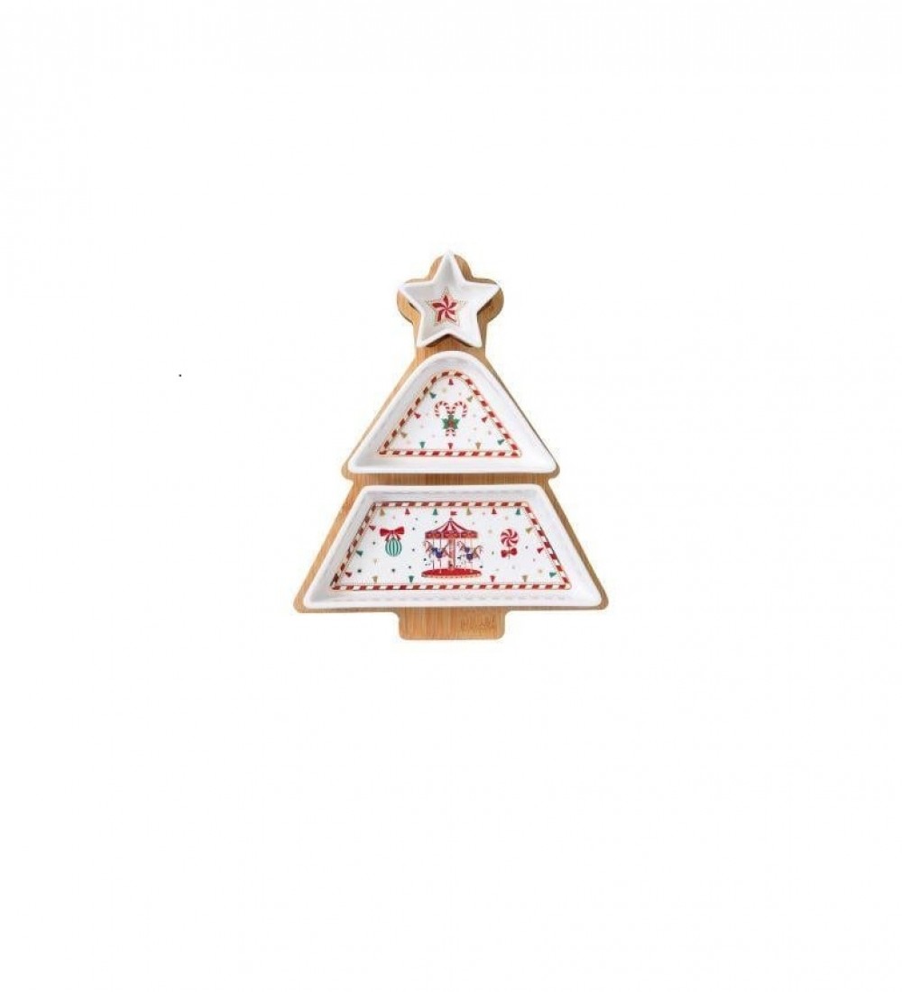 Easy Life 3 Parça Porselen Meze Seti Bambu Tepsili 21 x 25 cm