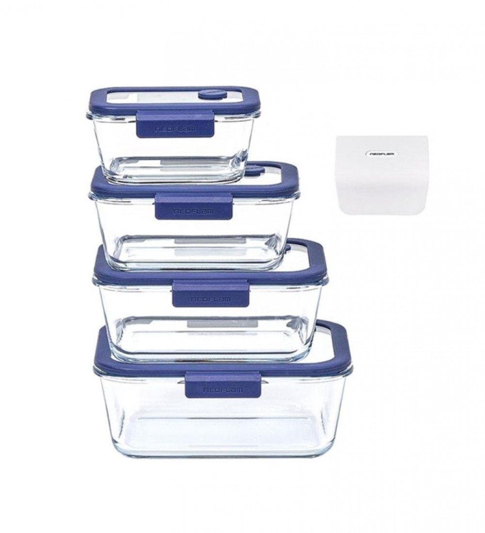 NEOFLAM FİKA GLACE VAKUMLU CAM SAKLAMA KABI SETİ 5 PARÇA MAVİ