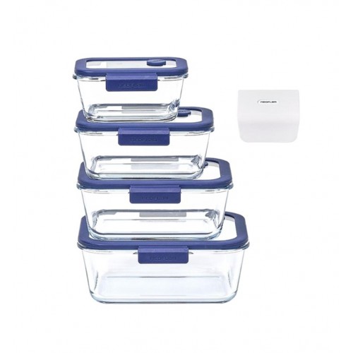 NEOFLAM FİKA GLACE VAKUMLU CAM SAKLAMA KABI SETİ 5 PARÇA MAVİ