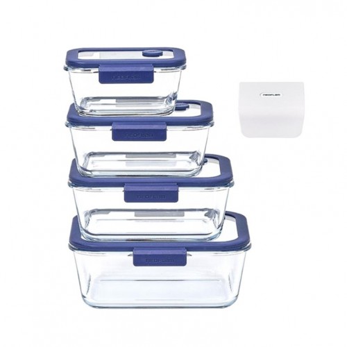 NEOFLAM FİKA GLACE VAKUMLU CAM SAKLAMA KABI SETİ 5 PARÇA MAVİ