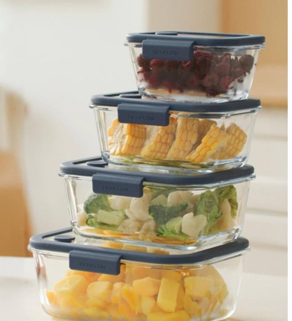 NEOFLAM FİKA GLACE VAKUMLU CAM SAKLAMA KABI SETİ 5 PARÇA MAVİ