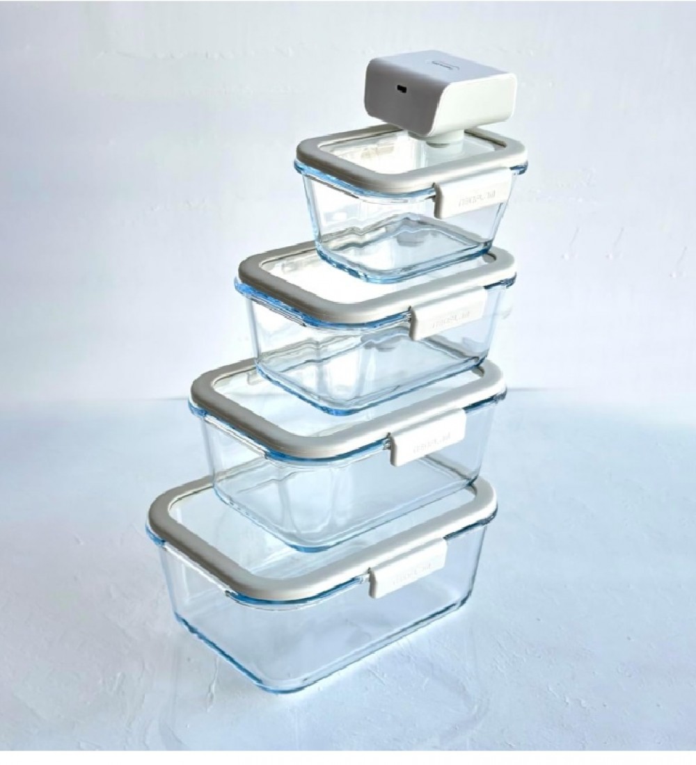 NEOFLAM FİKA GLACE VAKUMLU CAM SAKLAMA KABI SETİ 5 PARÇA  BEJ