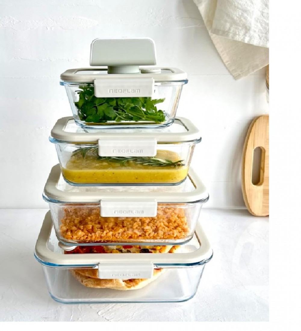 NEOFLAM FİKA GLACE VAKUMLU CAM SAKLAMA KABI SETİ 5 PARÇA  BEJ