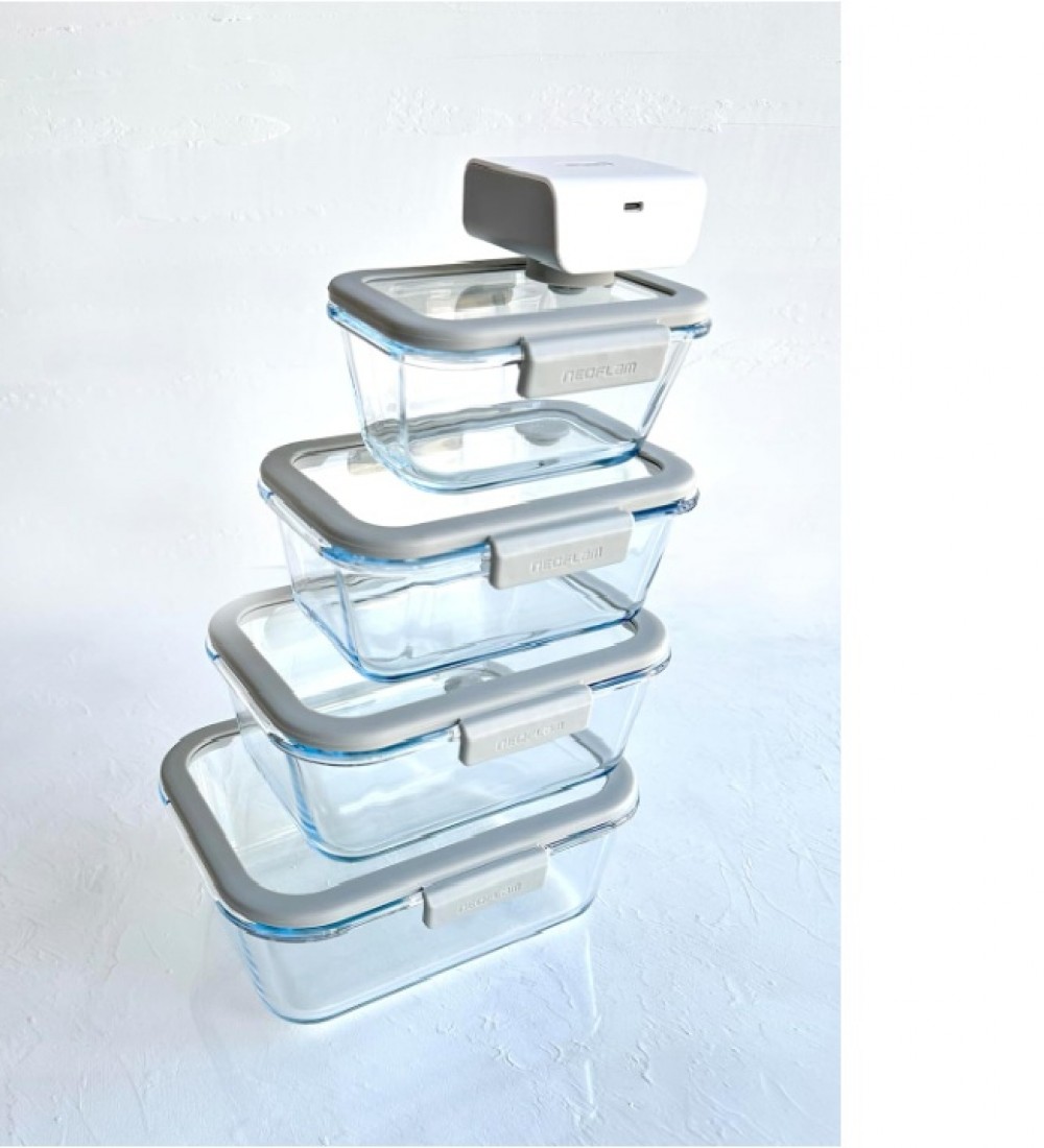 NEOFLAM FİKA GLACE VAKUMLU CAM SAKLAMA KABI SETİ 5 PARÇA GRİ