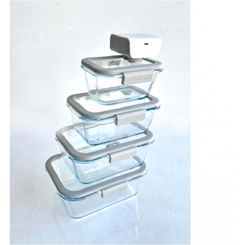 NEOFLAM FİKA GLACE VAKUMLU CAM SAKLAMA KABI SETİ 5 PARÇA GRİ