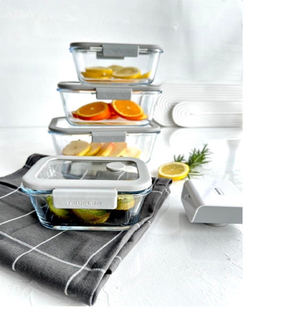 NEOFLAM FİKA GLACE VAKUMLU CAM SAKLAMA KABI SETİ 5 PARÇA GRİ