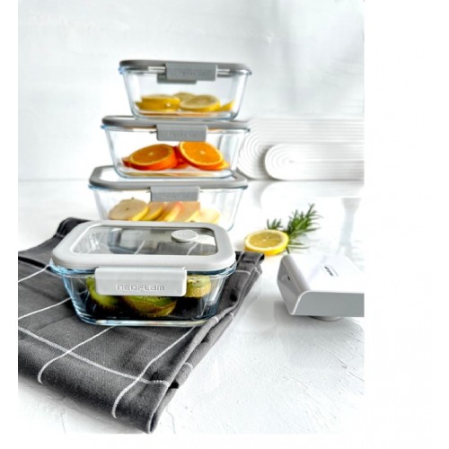 NEOFLAM FİKA GLACE VAKUMLU CAM SAKLAMA KABI SETİ 5 PARÇA GRİ