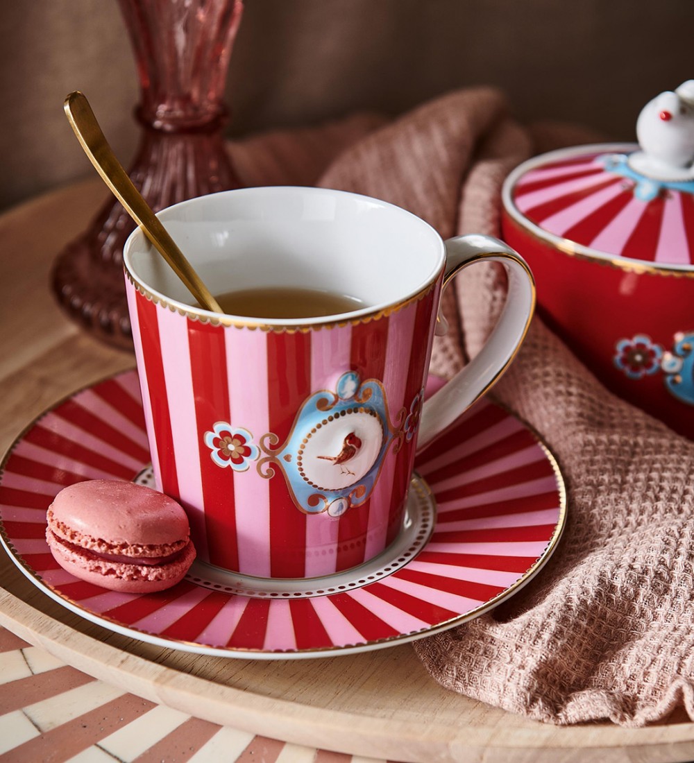 Love Birds Kırmızı/Pembe Çizgili Mug 250 ml