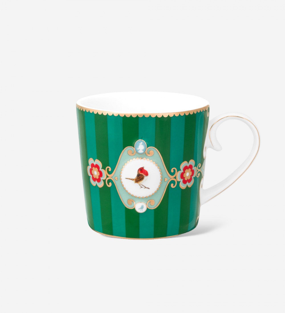 Love Birds Yeşil Çizgili Madalyon Desenli Küçük Mug 150 ml