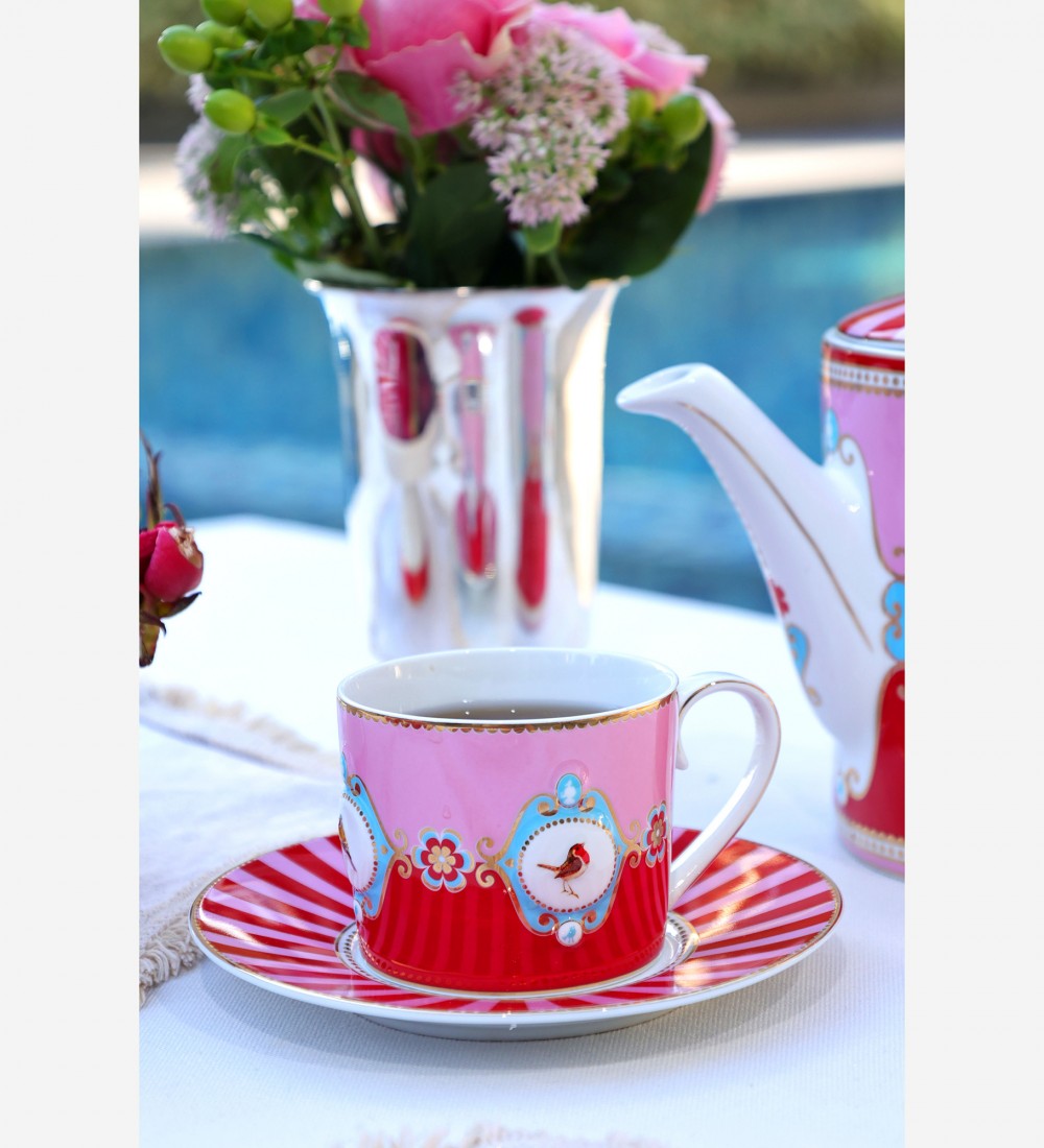 Love Birds Kırmızı/Pembe Madalyon Desenli Çay Fincanı 200 ml
