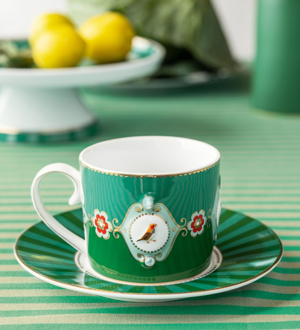 Love Birds Yeşil Madalyon Desenli Çay Fincanı 200 ml