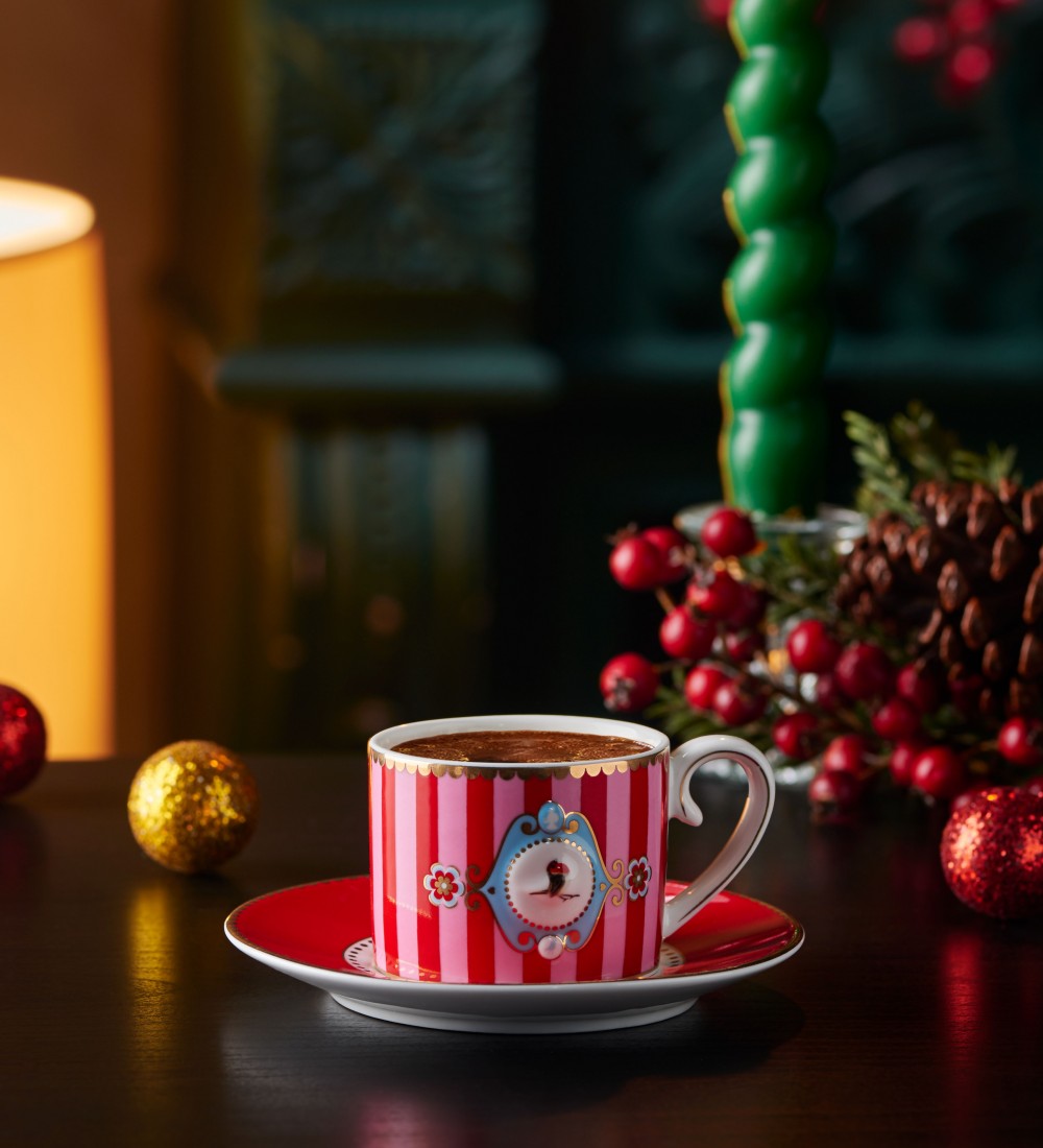 Love Birds Kırmızı/Pembe Çizgili Kuşlu Kahve Finca