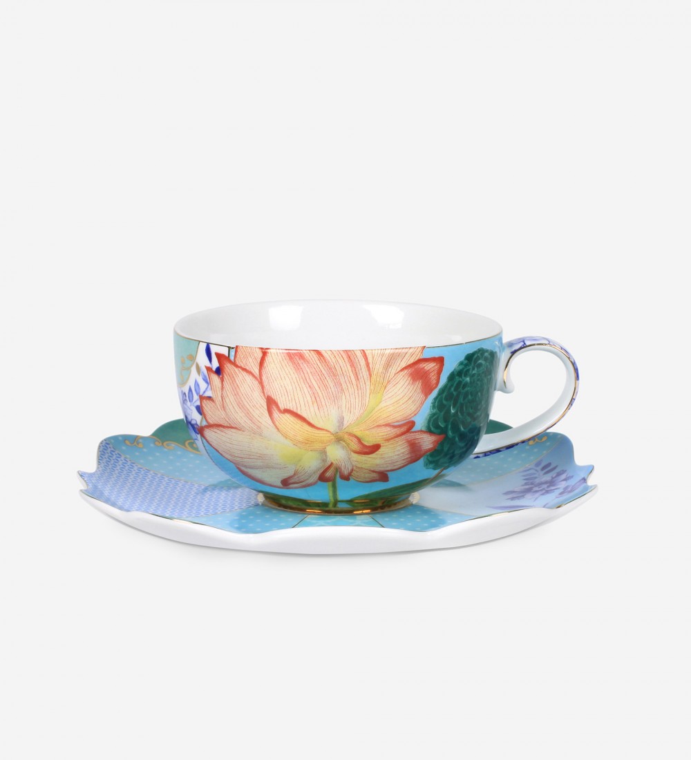 Royal Mavi Çiçek Desenli Çay Fincanı