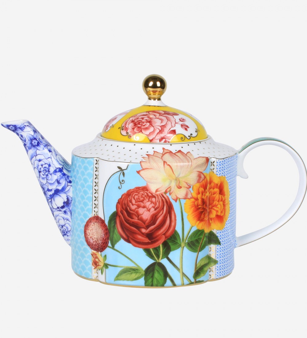 Royal Mavi Çiçek Desenli Demlik