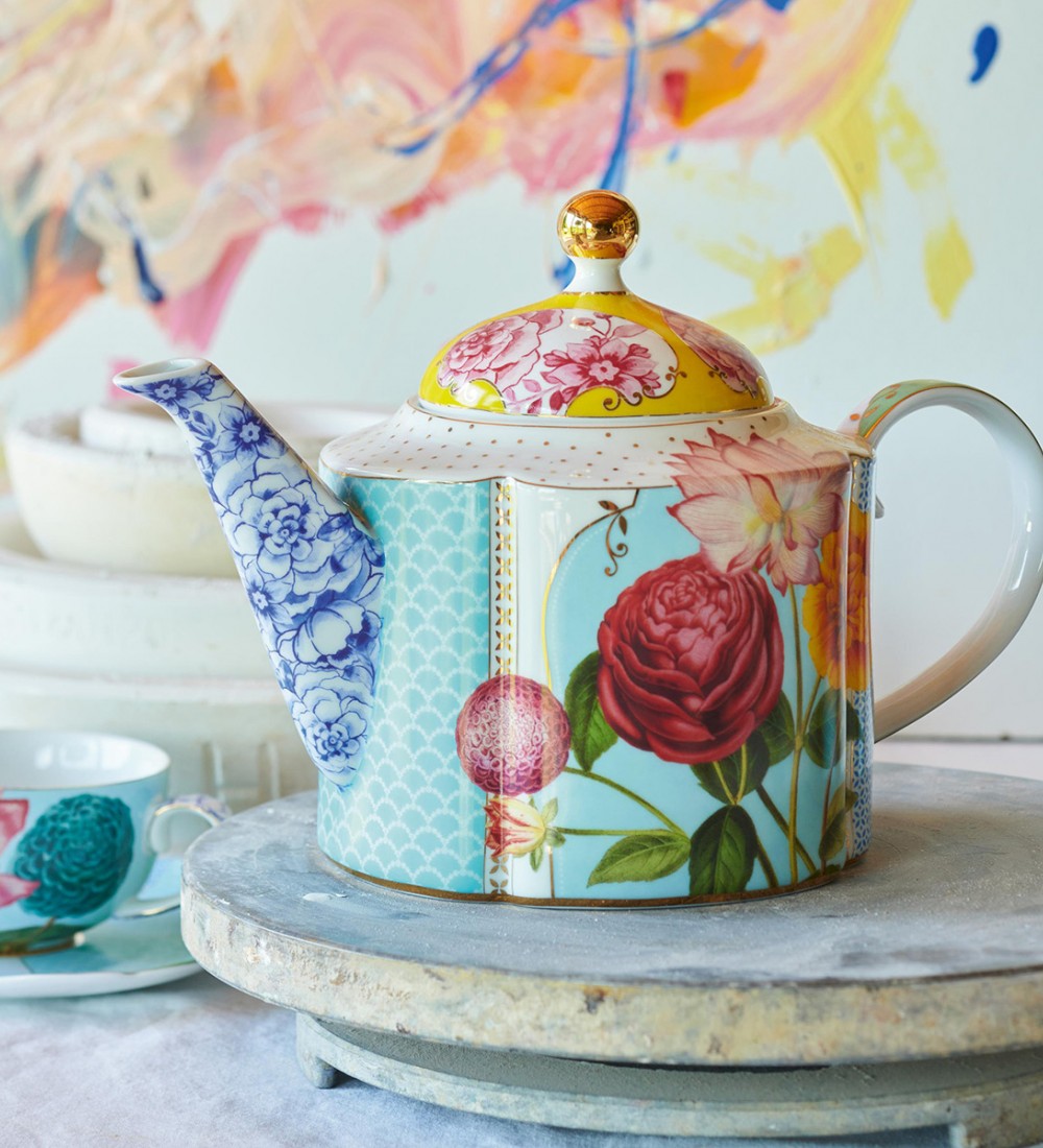 Royal Mavi Çiçek Desenli Demlik