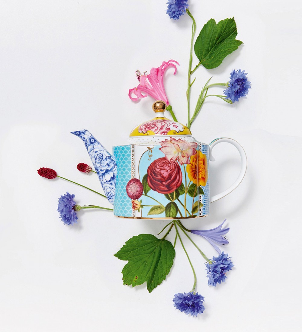 Royal Mavi Çiçek Desenli Demlik