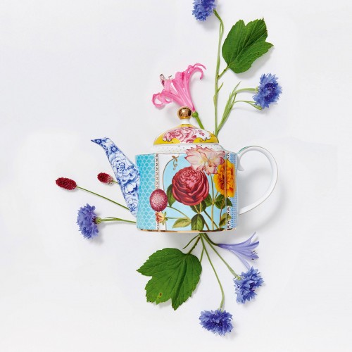 Royal Mavi Çiçek Desenli Demlik