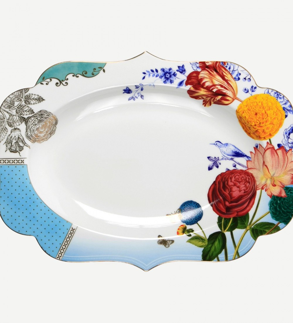 Royal Beyaz /Mavi Çiçek Desenli Oval Servis Tepsisi 40 cm.