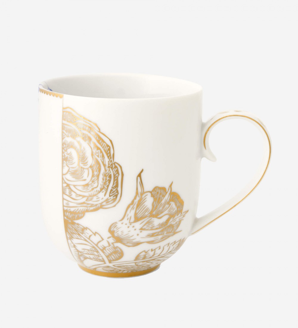 Royal Büyük Mug Beyaz Altın Çiçek Desenli