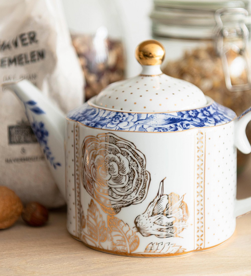 Royal Beyaz Demlik Altın Çiçek Desenli