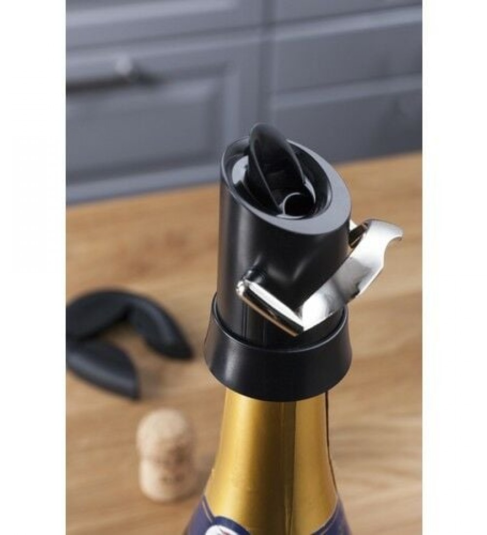 Vacu Vin Şampanya Kilit, Ağızlı ve Damla Korumalı, Siyah, Kutulu